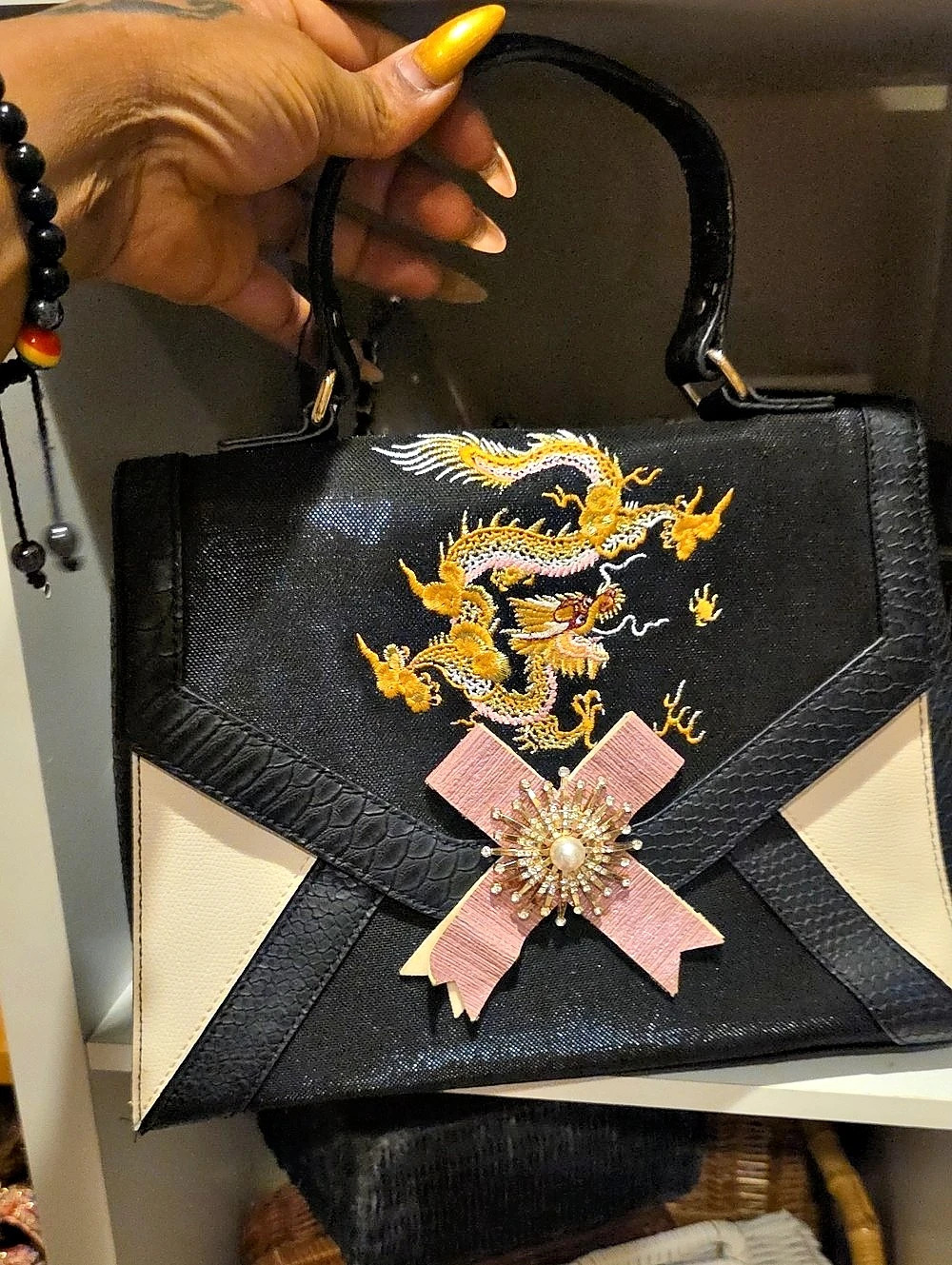 ALDO Holela Embroidered Dragon Shoulder Bag Black & White